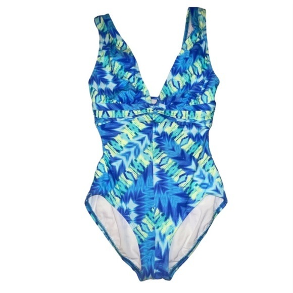 Coco Reef Swimsuit Contours Shaping Cinching Vneck One Piece Tropical Blue New - Picture 1 of 4